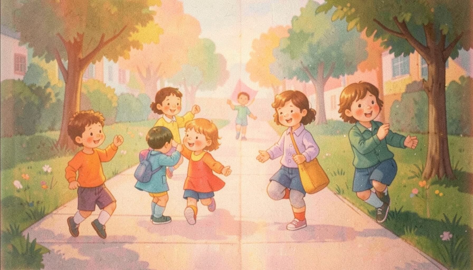 Eine bunte Kinderbuchillustration mit spielenden Kindern auf einem Gehweg, leuchtende Primärfarben, weiche Pastelltöne im Hintergrund, analoge Filmfotografie einer gedruckten Seite.