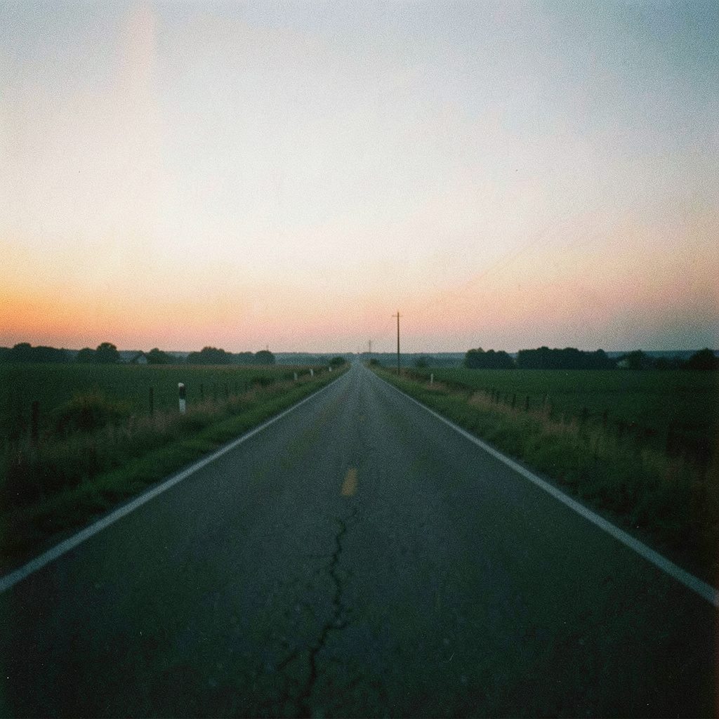 Leere Landstraße in der Dämmerung mit weitem Horizont, gedämpfte Grün- und Blautöne, ruhige und nachdenkliche Stimmung, analoge Filmfotografie mit sichtbarem Korn