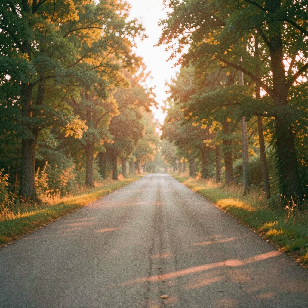Eine analoge Filmfotografie mit sichtbarem Korn: eine ruhige, von Bäumen gesäumte Landstraße im warmen Nachmittagslicht, sanfte Grün- und Goldtöne, friedliche und einladende Stimmung.