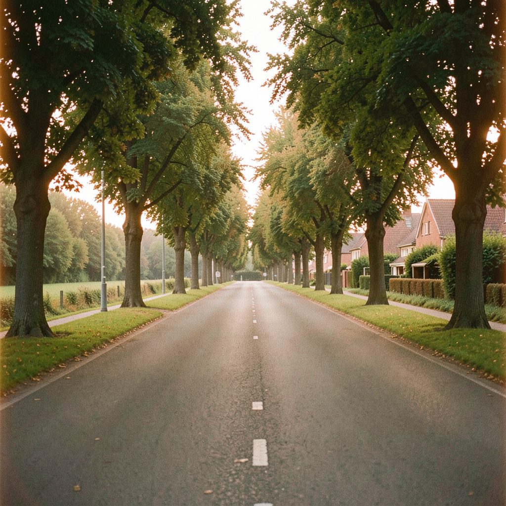 Weitwinklige Aufnahme einer ruhigen brandenburgischen Landstraße im Morgenlicht, gesäumt von Alleebäumen, sanfte grüne und goldene Farbtöne, analoge Filmfotografie mit sichtbarem Korn